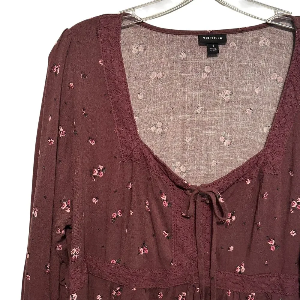 Torrid Babydoll Top Womens Size 1X Sassafras Ditsy Floral Rayon Slub Lace Trim - Picture 3 of 9